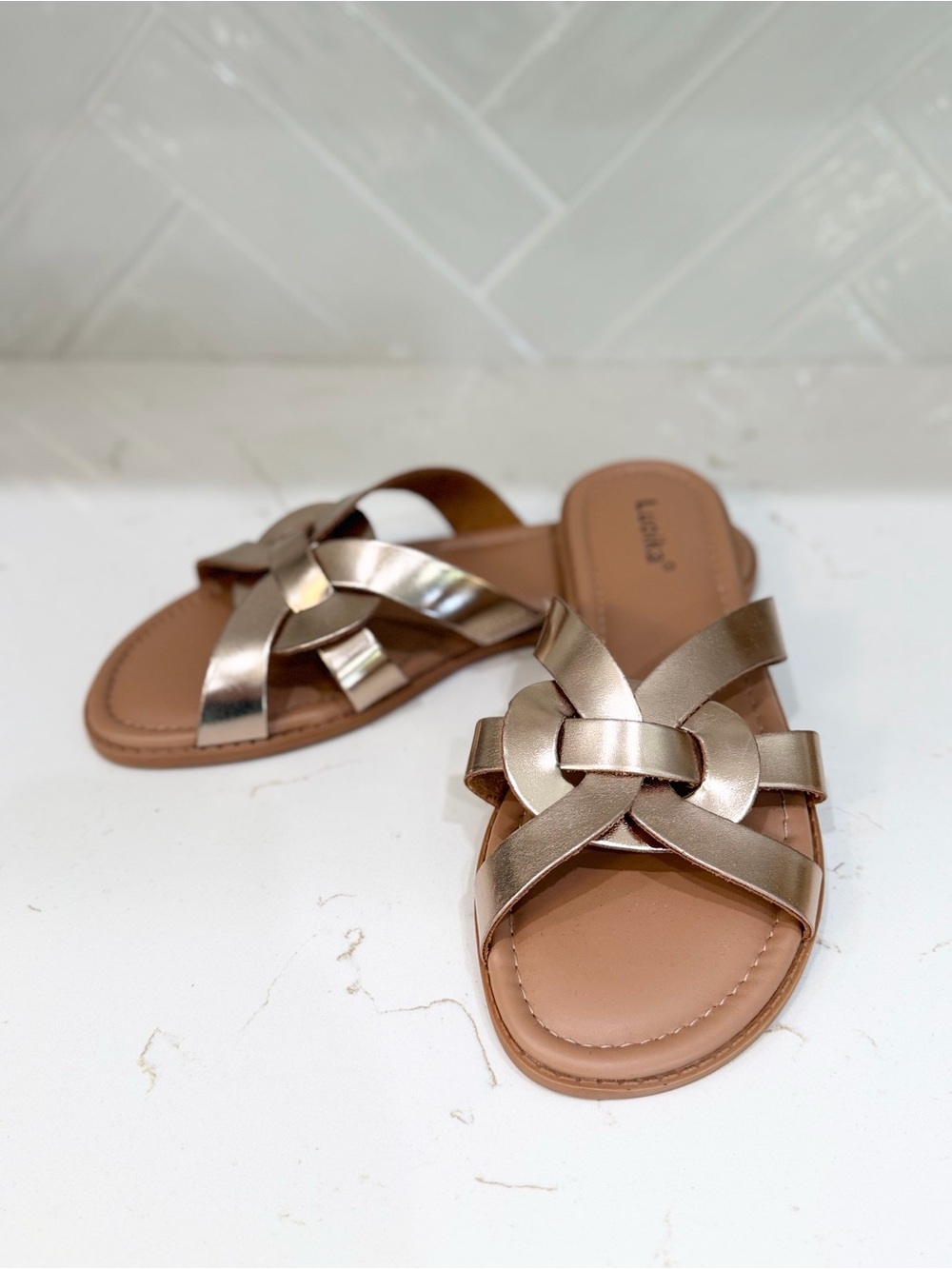 Luoika Metallic Gold Woven Slide Sandals – Size 8 XW